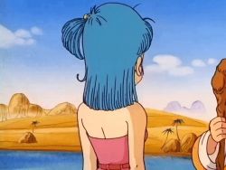 Rule 34 | 1girl, animated, animated gif, assisted exposure, blue hair, bouncing breasts, breasts, bulma, clothes pull, dragon ball, nipples, shirt pull, side ponytail, small breasts, strapless, tube top
