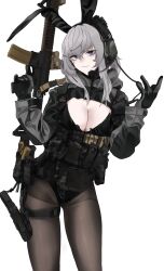 Rule 34 | 1girl, animal ears, assault rifle, black pantyhose, breasts, cleavage, fte (fifteen 199), gloves, grey hair, gun, handgun, headset, highres, holding, holding gun, holding weapon, holster, holstered, jacket, large breasts, leotard, long hair, looking at viewer, magazine (weapon), original, pantyhose, playboy bunny, purple eyes, rabbit ears, rifle, simple background, smile, solo, weapon, white background