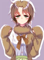Rule 34 | 1girl, bow, bowtie, brown hair, buttons, cardigan, closed mouth, commentary request, fur collar, green eyes, half-closed eyes, hands up, highres, jeff17, kemono friends, looking at viewer, messy hair, multicolored hair, off shoulder, open cardigan, open clothes, partially translated, paw pose, shirt, shirt tucked in, short hair, skirt, sleepy, sleeves past wrists, sloth (kemono friends), solo, translation request, two-tone hair, unbuttoned, upper body, white shirt