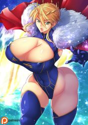 Rule 34 | 1girl, ahoge, artoria pendragon (fate), artoria pendragon (lancer) (fate), blonde hair, blue gloves, blue leotard, blue thighhighs, braid, breasts, cape, cleavage, crown, fate/grand order, fate (series), french braid, fur-trimmed cape, fur trim, gloves, green eyes, haganef, hair between eyes, huge breasts, lance, leotard, looking at viewer, open mouth, polearm, red cape, rhongomyniad (fate), sidelocks, solo, swept bangs, tagme, thighhighs, weapon