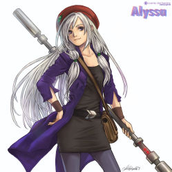 Rule 34 | 1girl, alyssa l&#039;salle, artist name, belt, black dress, character name, copyright name, cosmic star heroine, dice9999, dress, hand on own hip, hat, highres, image sample, jacket, long coat, long hair, pantyhose, purple eyes, signature, silver hair, simple background, solo, staff, weapon, white background