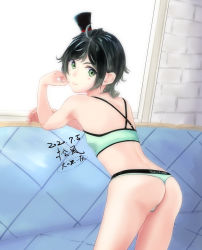 Rule 34 | 1girl, absurdres, ahoge, artist logo, ass, bad id, bad pixiv id, black hair, bra, character name, commentary request, couch, flat ass, from behind, green bra, green eyes, green panties, hat, highres, kantai collection, looking at viewer, looking back, matsukaze (kancolle), mini hat, mini top hat, panties, short hair, solo, swept bangs, thong, top hat, underwear, underwear only, velchi, wavy hair, window