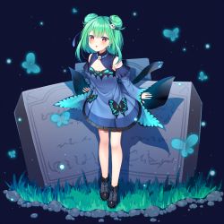 Rule 34 | 1girl, black footwear, blue butterfly, blue dress, blue sleeves, blush, boots, bug, butterfly, chiyonekoko, detached sleeves, double bun, dress, earrings, full body, green hair, hair between eyes, hair bun, hair ornament, highres, hololive, insect, jewelry, looking at viewer, medium hair, open mouth, red eyes, skull collar, skull earrings, skull hair ornament, solo, standing, uruha rushia, uruha rushia (1st costume), virtual youtuber