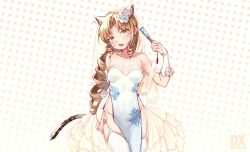 Rule 34 | 1girl, absurdres, animal ears, arknights, blonde hair, breasts, bride, curly hair, fang, green eyes, hand fan, highres, holding, holding fan, looking at viewer, medium breasts, open mouth, solo, swire (arknights), tail, thighhighs, tiger ears, tiger girl, tiger tail, white thighhighs