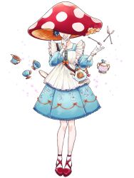 Rule 34 | 1girl, blue dress, blue skirt, cup, dairoku ryouhei, dress, facing viewer, floral print, full body, gloves, hand up, imagawa900, jewelry, long sleeves, mushroom hat, necklace, petit grande, plate, puffy long sleeves, puffy sleeves, red footwear, skirt, smile, socks, spoon, standing, sugar bowl, teacup, teapot, transparent background, white gloves