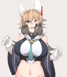 Rule 34 | 1girl, animal ears, artist request, azur lane, between breasts, blue eyes, blush, breasts, closed eye, commentary request, crop top, detached sleeves, eyebrows, furutaka (azur lane), gloves, hands on another&#039;s face, headgear, highres, large breasts, light brown hair, long hair, navel, necktie, necktie between breasts, sailor collar, smile, turtleneck, white gloves