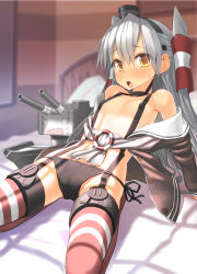 Rule 34 | 10s, 1girl, :o, amatsukaze (kancolle), arm support, armor, armpits, bare shoulders, bed, bed sheet, black dress, black panties, blurry, blush, breasts, buttons, cameltoe, choker, covered erect nipples, crotch, depth of field, dress, eyes visible through hair, flat chest, full body, garter straps, hair between eyes, hair tubes, hairband, half updo, highres, indoors, kantai collection, leaning back, lifebuoy, long hair, long sleeves, looking at viewer, navel, neckerchief, no bra, off shoulder, on bed, open clothes, open dress, open mouth, panties, parted bangs, patricia (stylish marunage), pillow, red thighhighs, rensouhou-kun, sailor dress, shade, short dress, side-tie panties, silver hair, sitting, skirt, small breasts, solo, striped clothes, striped thighhighs, sweatdrop, swim ring, thighhighs, two side up, underwear, unworn skirt, very long hair, yellow eyes