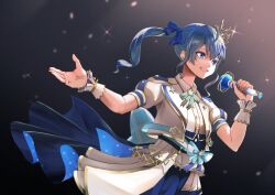 Rule 34 | 1girl, blue eyes, blue hair, blue ribbon, buttons, grey background, holding, holding microphone, hololive, hoshimachi suisei, jacket, microphone, music, open mouth, outstretched arm, painapo, pants, ribbon, shirt, singing, solo, sparkle, virtual youtuber, white jacket, white pants, white shirt, wrist cuffs