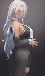 Rule 34 | 1girl, absurdres, ass, bare shoulders, black background, black thighhighs, blush, breasts, closed mouth, dark-skinned female, dark skin, from side, glasses, gradient background, grey hair, highres, large breasts, long hair, long sleeves, looking at viewer, original, pallad, purple eyes, simple background, solo, thighhighs