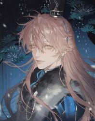 Rule 34 | 1boy, absurdres, blue coat, bonsai, branch, brooch, closed mouth, coat, code: kite, eyelashes, fur-trimmed coat, fur trim, gem, hair between eyes, hair ornament, highres, jewelry, light smile, long hair, looking at viewer, male focus, mole, mole under eye, pink eyes, pink hair, procreate (medium), qianben shan, sidelocks, smile, solo, upper body, white gemstone, yuan ji