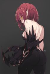 Rule 34 | 1girl, ark (maplestory), ass, bare shoulders, breasts, character request, chukibabo2, claws, corruption, cracked skin, dark persona, from behind, glowing, glowing eyes, highres, looking at viewer, looking back, maplestory, medium breasts, pointy ears, red hair, short hair, sideboob, solo, yellow eyes