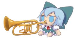 Rule 34 | 1girl, barefoot, blowing, blue dress, blue eyes, blue hair, bow, chibi, cirno, commentary, dress, english commentary, fumo (doll), hair bow, instrument, music, neck ribbon, playing instrument, puffy cheeks, puffy short sleeves, puffy sleeves, red ribbon, ribbon, short hair, short sleeves, simple background, sitting, skullchimes, solo, touhou, trumpet, v-shaped eyebrows, white background, wing collar
