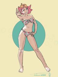 Rule 34 | 1girl, amanda o&#039;neill, bikini, green eyes, highres, ironsiderodger, little witch academia, looking at viewer, multicolored hair, navel, orange hair, red hair, short hair, signature, smile, solo, swimsuit, two-tone hair