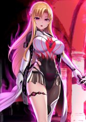 Rule 34 | 1girl, absurdres, alternate eye color, asuna (sao), blonde hair, blurry, blurry background, bodysuit, braid, breasts, cape, commentary request, corruption, covered navel, cowboy shot, dark persona, elbow gloves, energy, gloves, hair ornament, highres, holding, holding sword, holding weapon, impossible clothes, large breasts, leotard, long hair, long sleeves, looking at viewer, miyashiro ryuutarou, open mouth, parted bangs, pink eyes, single leg pantyhose, skin tight, solo, sword, sword art online, thigh strap, weapon, white cape, white gloves