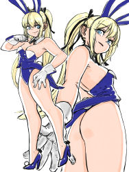 Rule 34 | 1girl, absurdres, animal ears, aqua eyes, ass, bare legs, bare shoulders, blonde hair, blue eyes, blue footwear, blue leotard, breasts, cleavage, coattails, dead or alive, dead or alive 5, detached collar, fake animal ears, gloves, high heels, highres, leotard, long hair, long twintails, marie rose, multiple views, playboy bunny, rabbit ears, rabbit tail, simple background, small breasts, tail, toshinoshin, twintails, very long hair, white background, white gloves