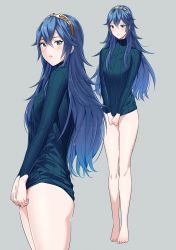 Rule 34 | 1girl, ameno (a meno0), barefoot, blue eyes, blue hair, blue sweater, blush, bottomless, closed mouth, fire emblem, fire emblem awakening, grey background, hair between eyes, long hair, long sleeves, lucina (fire emblem), multiple views, naked sweater, nintendo, parted lips, ribbed sweater, simple background, solo, sweater, thighs, tiara, toes, turtleneck, turtleneck sweater
