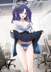 Rule 34 | 1girl, blue archive, blue bra, blue eyes, blue hair, blue panties, bra, breasts, cameltoe, chair, cirilla lin, cleavage, clothes lift, collarbone, groin, halo, highres, lifted by self, long hair, long sleeves, mechanical halo, medium breasts, office, office chair, open mouth, panties, partially unzipped, skirt, skirt lift, solo, swivel chair, teeth, thighs, twintails, underwear, upper teeth only, window blinds, yuuka (blue archive)