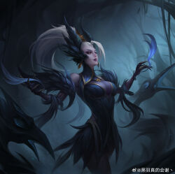 Rule 34 | 1girl, absurdres, artist name, branch, breasts, chinese commentary, coven zyra, earrings, fog, forest, highres, jewelry, large breasts, league of legends, long hair, looking ahead, nature, official alternate costume, official alternate hairstyle, outdoors, parted lips, red eyes, solo, standing, touding you, tree, white hair, zyra
