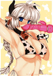 Rule 34 | 1girl, animal print, bell, blue eyes, braid, breasts, collar, covered erect nipples, cow girl, cow print, dildo, horns, large breasts, licking, long hair, neck bell, nipples, pointy ears, rkrk, see-through, sex toy, single braid, solo, white hair