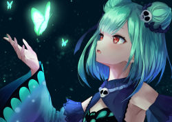 Rule 34 | 1girl, animal, bare shoulders, blue hair, blush, bug, butterfly, detached sleeves, double bun, dress, glowing, gradient hair, green hair, green sleeves, hair bun, hair ornament, highres, hololive, insect, konkito, long sleeves, looking away, looking up, multicolored hair, parted lips, red eyes, skull hair ornament, sleeveless, sleeveless dress, solo, teeth, upper body, upper teeth only, uruha rushia, uruha rushia (1st costume), virtual youtuber, wide sleeves