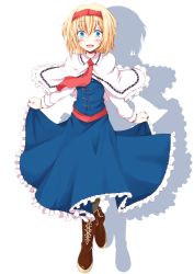 Rule 34 | 1girl, alice margatroid, blonde hair, blue eyes, blush, boots, bow, capelet, chata maru (irori sabou), curtsey, dress, female focus, hair bow, hairband, open mouth, pantyhose, shadow, short hair, skirt, smile, solo, touhou