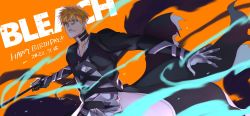 Rule 34 | 1boy, 21 isbivm, bleach, brown eyes, copyright name, english text, gloves, highres, holding, holding sword, holding weapon, kurosaki ichigo, long sleeves, looking at viewer, male focus, orange background, orange hair, parted lips, short hair, solo, standing, sword, teeth, upper body, weapon