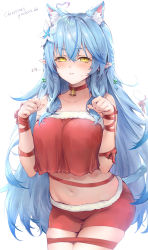 Rule 34 | 1girl, ahoge, alternate costume, animal ear fluff, animal ears, bell, blue hair, blush, breasts, cat ears, cat tail, choker, christmas, closed mouth, crop top, english text, flower, hair flower, hair ornament, half updo, haoni, heart, heart ahoge, highres, hololive, jingle bell, long hair, midriff, navel, pointy ears, red choker, red ribbon, red shorts, ribbon, santa costume, shorts, solo, stomach, sweatdrop, tail, tail ornament, tail ribbon, very long hair, virtual youtuber, yellow eyes, yukihana lamy