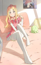 Rule 34 | 10s, 1girl, artist request, blonde hair, blush, bow, brown eyes, dress, drill hair, eromanga sensei, feet, full body, hair bow, hairband, highres, lolita fashion, long hair, looking at viewer, no shoes, off shoulder, on bed, pantyhose, pillow, pink bow, pink dress, poster (medium), poster (object), sash, sitting, smile, solo, stuffed toy, twin drills, white pantyhose, yamada elf