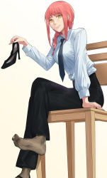 Rule 34 | 1girl, black necktie, black pantyhose, braid, braided ponytail, business suit, chainsaw man, eyepatch, feet, formal, high-waist pants, high heels, highres, holding, holding shoes, makima (chainsaw man), mary janes, necktie, neckwear request, office lady, pants, pantyhose, red hair, ringed eyes, shirt tucked in, shoes, unworn shoes, single shoe, soles, suit, yellow eyes, yonoki