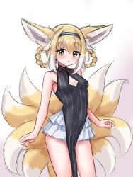 Rule 34 | 1girl, :o, absurdres, animal ears, arknights, bare arms, bare shoulders, black dress, blonde hair, blue archive, braid, braided hair rings, breasts, cleavage cutout, clothing cutout, commentary, cosplay, covered navel, dress, fox ears, fox girl, fox tail, gradient background, hair rings, highres, kitsune, kokona (blue archive), kokona (blue archive) (cosplay), kyuubi, layered skirt, multicolored hair, multiple tails, parted lips, pelvic curtain, pink background, pleated skirt, rylaera, skirt, small breasts, solo, striped clothes, striped dress, suzuran (arknights), tail, twin braids, two-tone hair, variant set, vertical-striped clothes, vertical-striped dress, white background, white hair, white skirt