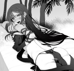 Rule 34 | 1girl, ass, bare shoulders, blush, breasts, yu mei-ren (fate), earrings, fate/grand order, fate (series), gloves, greyscale, jewelry, long hair, looking at viewer, looking back, lying, medium breasts, monochrome, on stomach, open mouth, palm tree, solo, suga hideo, sweat, teeth, tongue, tree