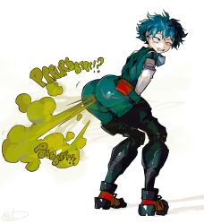 Rule 34 | 1boy, anal, ass, black footwear, blush, bodysuit, boku no hero academia, boots, curly hair, english text, explosion, fart, formal, freckles, from behind, full body, gloves, green bodysuit, green eyes, green hair, knee pads, looking back, male focus, midoriya izuku, pouch, shoes, short hair, shounen jump, simple background, smile, solo, suit, teeth, usagaijin, white background, white gloves