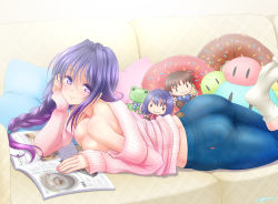 Rule 34 | 1girl, ass, ayumu (ayumumkrg), bad id, bad pixiv id, bare shoulders, blue eyes, blue hair, braid, braided ponytail, breasts, character doll, cleavage, couch, denim, hair intakes, head rest, jeans, kanon, leg up, long hair, looking at viewer, lying, magazine (object), minase akiko, no bra, on stomach, pants, pillow, pink sweater, ponytail, reading, smile, socks, solo, stuffed toy, sweater, tight clothes, tight pants, white footwear