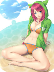 Rule 34 | 1girl, animal ears, arm support, bad id, bad pixiv id, barefoot, beach, bikini, blue eyes, blush, breasts, cleavage, cloud, fake animal ears, feet, heart, hood, hoodie, indian style, jewelry, large breasts, mochi.f, navel, necklace, open clothes, open hoodie, orange bikini, original, partially submerged, pendant, pink hair, shiny skin, short hair, sitting, smile, solo, spade, swimsuit, water