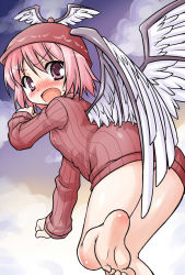 Rule 34 | 1girl, akou roushi, alternate costume, barefoot, blush, bottomless, feet, female focus, hat, looking back, mystia lorelei, naked sweater, no pants, open mouth, pink eyes, pink hair, ribbed sweater, short hair, soles, solo, sweater, toes, touhou, wings