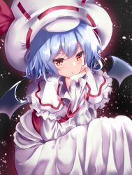 Rule 34 | 1girl, :o, arm rest, bangle, bat wings, blue hair, blush, bracelet, capelet, commentary, dress, hair between eyes, hat, hat ribbon, head in hand, head rest, jewelry, long sleeves, looking at viewer, red eyes, remilia scarlet, ribbon, sash, short hair, sitting, sky, solo, star (sky), starry sky, touhou, unory, white capelet, white dress, white hat, wings