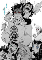 Rule 34 | 5boys, ?, absurdres, aizetsu (kimetsu no yaiba), anger vein, angry, apron, bald, blank eyes, blue eyes, blue sclera, body writing, carrying, character doll, child, claws, clenched teeth, clothes grab, colored sclera, cup, demon boy, dirty, dirty clothes, dirty face, dirty hands, drooling, duster, egyuuu, fang, fangs, figure, finger to mouth, folded ponytail, food, green eyes, hair up, half-closed eyes, hand up, handprint, hands on another&#039;s head, hands up, hantengu (kimetsu no yaiba), happy, harpy boy, heart, heart in mouth, highres, holding, holding cup, holding duster, holding food, holding toy, horns, kappougi, karaku (kimetsu no yaiba), kimetsu no yaiba, laughing, long hair, long sleeves, looking at another, looking at viewer, looking to the side, looking up, monochrome, monster boy, multiple boys, nail polish, open mouth, playing, pointy ears, red sclera, sekido (kimetsu no yaiba), short hair, shoulder carry, sidelocks, simple background, spoken question mark, spot color, talons, tears, teeth, text in mouth, tongue, tongue out, topless male, toy, trembling, updo, urogi (kimetsu no yaiba), vest, wings, worried, x navel, yellow eyes, yunomi, zohakuten (kimetsu no yaiba)