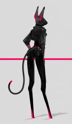 Rule 34 | 1girl, absurdres, android, animal ears, black jacket, cat ears, cat tail, cropped jacket, digitigrade, echanis enicha, female focus, from behind, full body, glowing, grey background, highres, jacket, no humans, original, robot, science fiction, solo, tail