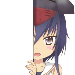 Rule 34 | 10s, 1girl, asymmetrical hair, bare shoulders, black hair, blush, brown eyes, commentary request, hair between eyes, hat, i-13 (kancolle), kantai collection, looking at viewer, nagineko, open mouth, peeking out, school swimsuit, short hair, solo, swimsuit, transparent background