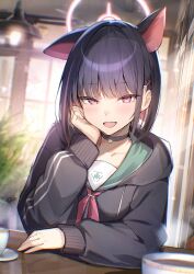 animal_ears black_hoodie blue_archive cat_choker cat_ears colored_inner_animal_ears colored_inner_hair extra_ears halo hand_on_own_cheek hand_on_own_face head_rest highres hood hoodie kagerou_(gigayasoma) kazusa_(blue_archive) multicolored_hair pink_halo