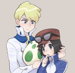 Rule 34 | 2boys, :o, blonde hair, blue eyes, blue jacket, blue scarf, buttons, calem (pokemon), closed mouth, commentary request, creatures (company), egg, eyelashes, eyewear on headwear, game freak, grey eyes, hand up, hat, high collar, highres, holding, holding egg, jacket, long sleeves, looking down, male focus, multiple boys, nintendo, open mouth, pokemon, pokemon egg, pokemon xy, red headwear, sana (37pisana), scarf, shirt, short hair, siebold (pokemon), smile, sunglasses, turtleneck, turtleneck jacket, upper body, white shirt