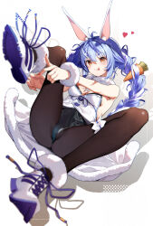 Rule 34 | 1girl, :p, ahoge, animal ears, ankle strap, armpit crease, bare shoulders, black leotard, black pantyhose, blue hair, blurry, blush, boots, braid, breasts, carrot hair ornament, closed mouth, commentary request, depth of field, fingernails, food-themed hair ornament, full body, groin, hair between eyes, hair ornament, haruhina purple, heart, highres, hololive, leotard, light particles, long fingernails, long hair, lying, medium breasts, nail polish, on back, orange eyes, paid reward available, pantyhose, playboy bunny, rabbit ears, rabbit girl, red nails, short eyebrows, sidelocks, simple background, smile, solo, spread legs, thigh strap, tongue, tongue out, twin braids, twintails, usada pekora, usada pekora (1st costume), virtual youtuber, white background, white footwear, white wrist cuffs, wrist cuffs