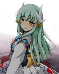 Rule 34 | 1girl, blood, blood on face, blush, fate/grand order, fate (series), from behind, green hair, hair between eyes, hair ornament, japanese clothes, kiki (koikuchikinako), kimono, kiyohime (fate), long hair, looking at viewer, looking back, obi, open mouth, sash, simple background, solo, white background, white kimono, yellow eyes
