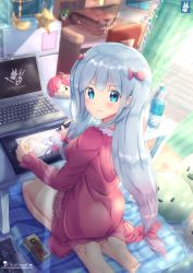 Rule 34 | &gt;:(, 10s, 1girl, artist name, backpack, bag, barefoot, blue eyes, blush, bottle, bow, breasts, camera, chair, chinchongcha, closed mouth, computer, controller, crescent, cup, curtains, day, drawing, drawing tablet, dualshock, eromanga sensei, from behind, game controller, gamepad, gradient hair, hair bow, highres, indoors, izumi sagiri, laptop, light rays, long hair, long sleeves, looking back, low-tied long hair, mask, meruru (oreimo), microwave, multicolored hair, ore no imouto ga konna ni kawaii wake ga nai, pajamas, pen, pillow, pink bow, pink hair, playstation controller, randoseru, refrigerator, seiza, silver hair, sitting, small breasts, solo, star (symbol), stuffed toy, stylus, sunbeam, sunlight, table, v-shaped eyebrows, very long hair, water bottle, watermark, web address, window