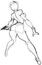 Rule 34 | 1girl, ass, back, breasts, bubble head nurse, cleavage, curvy, faceless, faceless female, foreshortening, gloves, gun, hat, holding, holding gun, holding weapon, huge ass, large breasts, monochrome, monster girl, no eyes, no panties, nurse, nurse (silent hill), nurse cap, shiny skin, silent hill, silent hill (series), silent hill 2, simple background, sketch, solo, standing, watatanza, weapon, wet, wet clothes, white gloves, wide hips