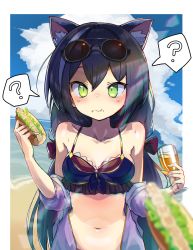 Rule 34 | 1girl, ?, animal ear fluff, animal ears, bare shoulders, beach, bikini, blush, bongnom, border, bow, breasts, cloud, cloudy sky, collarbone, commentary, day, drink, eating, eyebrows hidden by hair, eyewear on head, food, food on face, green eyes, hair bow, hands up, highres, holding, holding drink, holding food, jacket, karyl (princess connect!), karyl (summer) (princess connect!), long hair, looking at viewer, medium breasts, multicolored hair, navel, pov, princess connect!, purple bikini, purple hair, purple jacket, red bow, short sleeves, sidelocks, sky, solo, spoken question mark, streaked hair, sunglasses, swimsuit, twintails, upper body, white border
