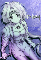 Rule 34 | 1girl, blush, breasts, copyright name, detached collar, dress, forehead jewel, greyscale with colored background, haou taikei ryuu knight, headband, holding, holding staff, jacket, lactmangan, long hair, looking at viewer, medium breasts, paffy pafuricia, parted bangs, smile, solo, staff, strapless, strapless dress, thighhighs, very long hair