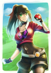 Rule 34 | 1girl, black bodysuit, black hat, black shorts, bodysuit, bodysuit under clothes, breasts, brown hair, choker, cleavage, collarbone, covered navel, cowboy shot, creatures (company), female protagonist (pokemon go), game freak, green eyes, hair between eyes, hat, high ponytail, highres, holding, holding poke ball, jacket, long hair, looking at viewer, medium breasts, navel, nintendo, partially unzipped, peaked cap, poke ball, poke ball (basic), pokemon, pokemon go, ponytail, raito (latek), red jacket, shiny clothes, short shorts, shorts, smile, solo, standing, v-shaped eyebrows