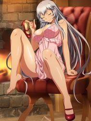 Rule 34 | 1girl, arm support, bare shoulders, barefoot, breasts, chouun shiryuu, cleavage, closed eyes, closed mouth, dress, eyebrows, feet, fireplace, floating hair, full body, high heels, highres, holding, holding shoes, ikkitousen, indoors, large breasts, long hair, nightgown, pink dress, pumps, red footwear, shiny skin, shoes, short dress, silver hair, single shoe, sitting, sleeveless, sleeveless dress, smile, solo, toes, very long hair