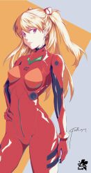 Rule 34 | 1girl, artist request, blue eyes, blush, bodysuit, breasts, brown hair, hand on own hip, highres, long hair, looking at viewer, medium breasts, neon genesis evangelion, red bodysuit, shiny clothes, simple background, souryuu asuka langley, standing, thighs, twintails, two side up, wide hips